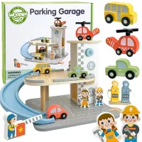 WOOPIE GREEN Drewniany Parking Piętrowy 2w1 Stacja Benzynowa z Autkami i Figurkami 12 el. FSC - zdjęcie 1