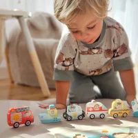 TOOKY TOY Drewniane Puzzle Montessori Pojazdy Samochody Samolot Statek Miasto Dopasuj Kształty - zdjęcie 2