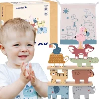 TOOKY TOY Drewniane Klocki Układanka Wieża Stacker Stosy Zwierzątka Montessori 13 el. - zdjęcie 1