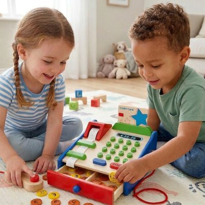 VIGA Drewniana Kasa sklepowa z akcesoriami Skaner Montessori - zdjęcie 3