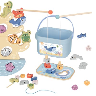 TOOKY TOY Drewniany Zestaw Morskich Zabawek Wieża Balansująca Łowienie Ryb Figurki 23 Elementy - zdjęcie 1