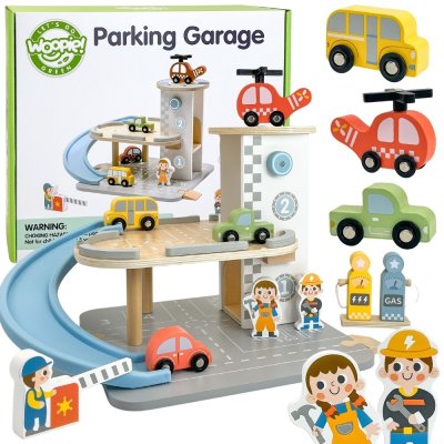 WOOPIE GREEN Drewniany Parking Piętrowy 2w1 Stacja Benzynowa z Autkami i Figurkami 12 el. FSC - zdjęcie 1
