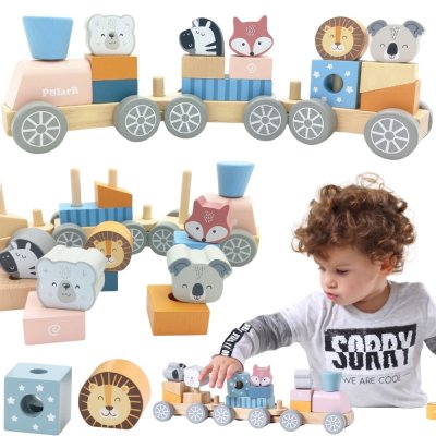 VIGA PolarB Drewniana Kolejka z Wagonikami i Zwierzątkami Do Układania Montessori - zdjęcie 1