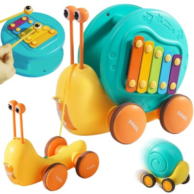 WOOPIE Ślimak do Ciągnięcia 4w1 Cymbałki Zębatki Sensoryczne Wyrzutnia + Małe Autko - zdjęcie 1