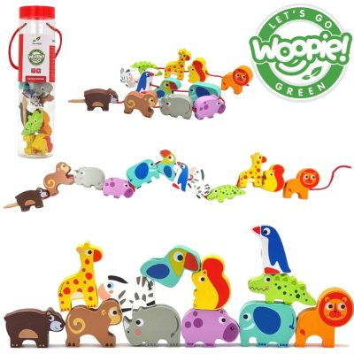 WOOPIE GREEN Drewniane Klocki do Nawlekania Zwierzęta Safari ZOO 13 el. - zdjęcie 1