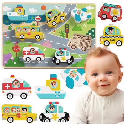 TOOKY TOY Drewniane Puzzle Montessori Pojazdy Samochody Samolot Statek Miasto Dopasuj Kształty - zdjęcie 1