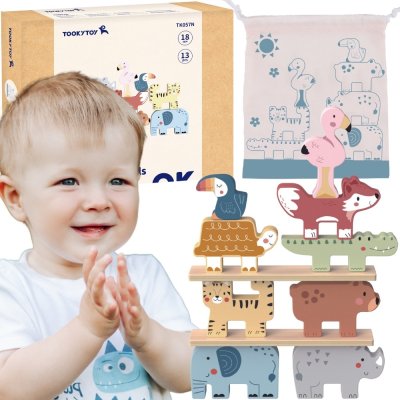 TOOKY TOY Drewniane Klocki Układanka Wieża Stacker Stosy Zwierzątka Montessori 13 el. - zdjęcie 1
