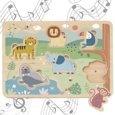TOOKY TOY Drewniana Układanka Montessori Interaktywne Puzzle Dźwiękowe Dzikie Zwierzęta Safari - zdjęcie 1