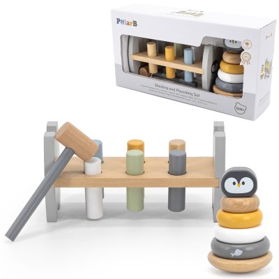 VIGA PolarB Zestaw Drewniana Piramidka + Przebijanka z Młoteczkiem Pingwinek Montessori - zdjęcie 1