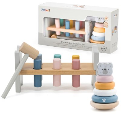 VIGA PolarB Zestaw Drewniana Piramidka + Przebijanka z Młoteczkiem Miś Polarny Montessori - zdjęcie 1
