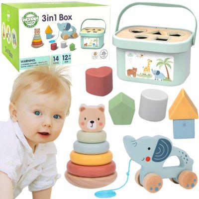 WOOPIE GREEN Pudełko Sorter Box 3w1 Klocki Piramidka Słonik FSC - zdjęcie 1