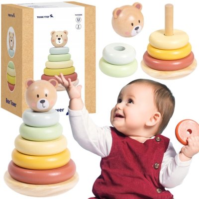 TOOKY TOY Drewniana Układanka Sensoryczna Piramidka Miś Sensoryczny Kolorowy Stacker - zdjęcie 1