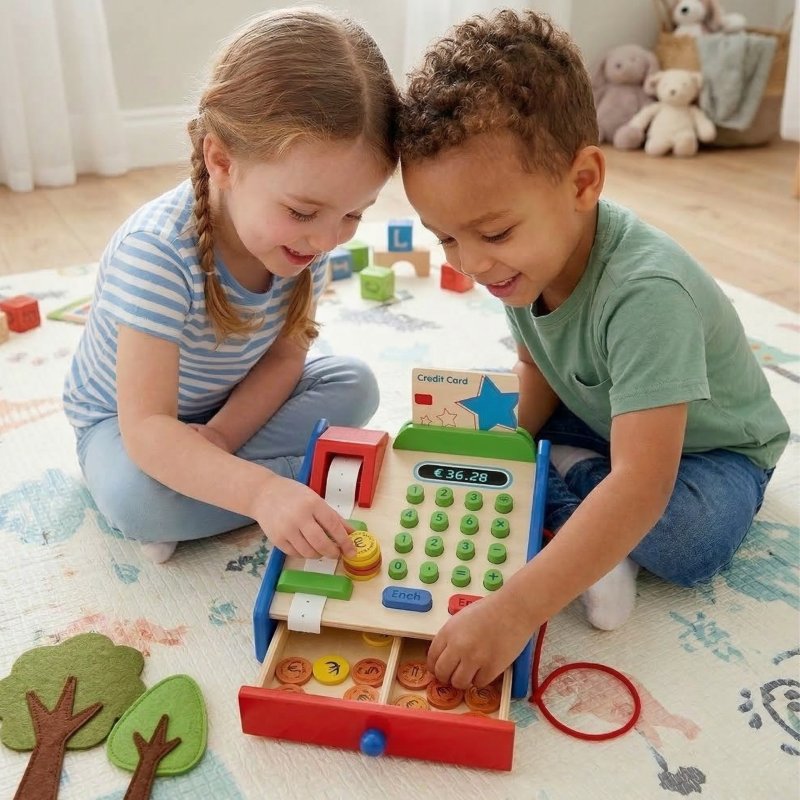 VIGA Drewniana Kasa sklepowa z akcesoriami Skaner Montessori - zdjęcie 2