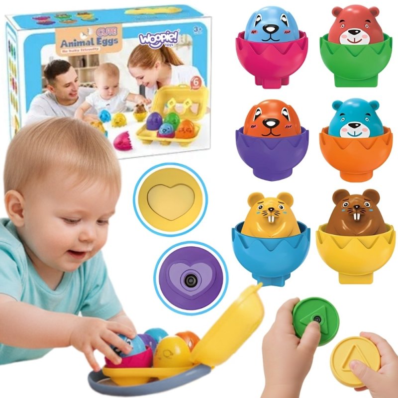 WOOPIE Układanka Sorter Montessori Dopasuj Kształty Wesołe Zwierzaki Jajka 6szt - zdjęcie 1