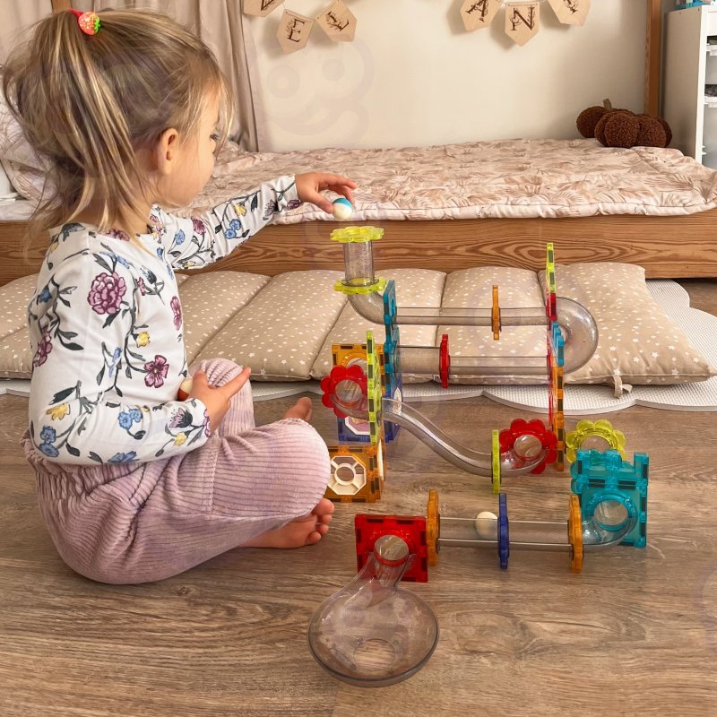 WOOPIE Klocki Magnetyczne Konstrukcyjne 3D Zestaw Edukacyjny Tor Kulkowy Kulodrom 113 el. - zdjęcie 2
