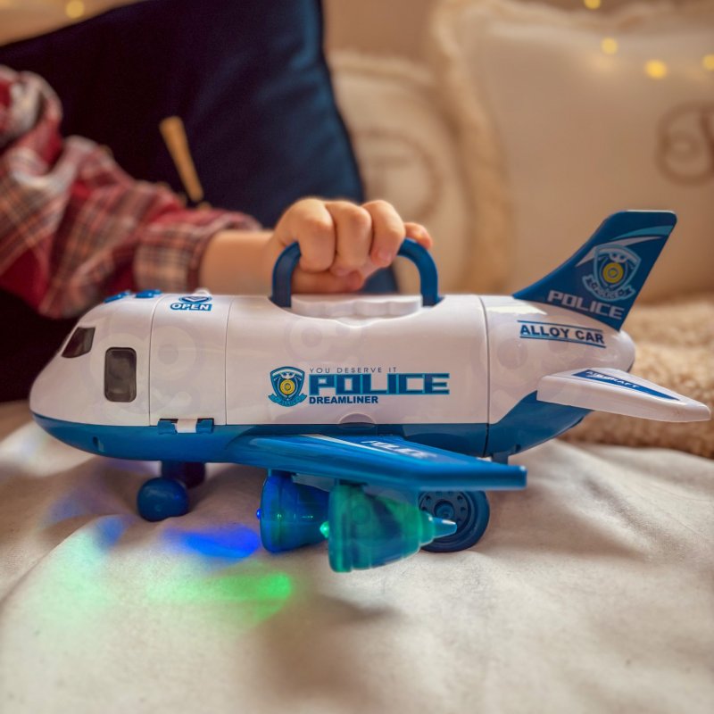 WOOPIE Samolot Rozkładany Transporter Policja z 3 Autami Policyjnymi Zestaw XL Znaki Drogowe - zdjęcie 2