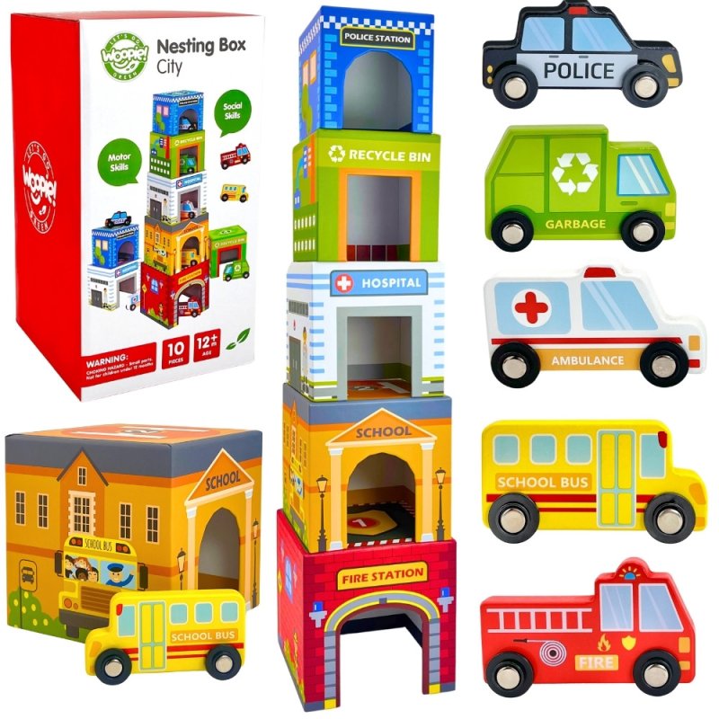 WOOPIE GREEN Układanka Kostki Miasto Pojazdy w Pudełkach + Figurki 10 el. - zdjęcie 1