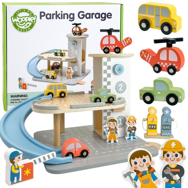 WOOPIE GREEN Drewniany Parking Piętrowy 2w1 Stacja Benzynowa z Autkami i Figurkami 12 el. FSC - zdjęcie 1