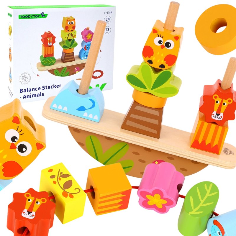 TOOKY TOY Drewniany Stacker Układanka Balansująca Zwierzęta Nawlekanka - zdjęcie 1