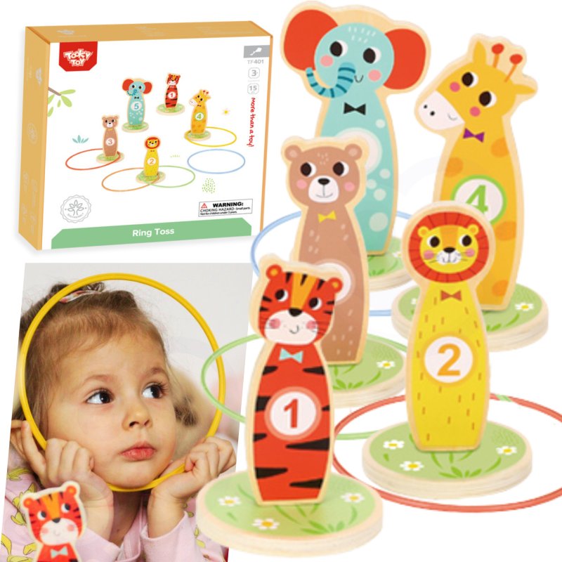 TOOKY TOY Drewniana Gra Zręcznościowa Rzut do Celu Zwierzątka 15 el. - zdjęcie 1