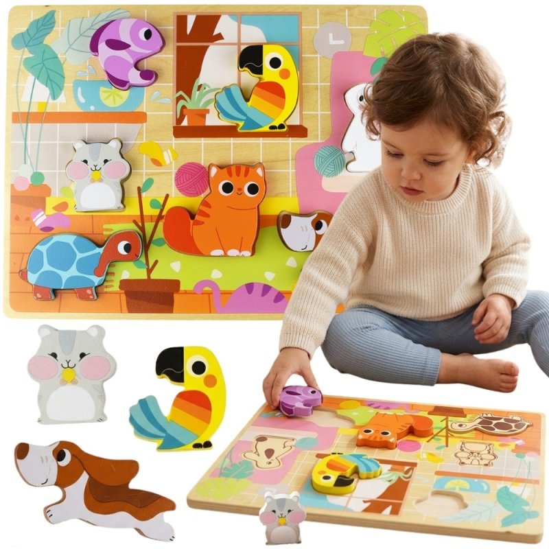 TOOKY TOY Drewniane Puzzle Montessori Zwierzątka Dom Dopasuj Kształty - zdjęcie 1