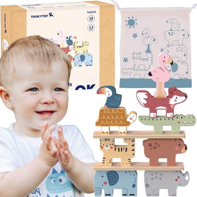 TOOKY TOY Drewniane Klocki Układanka Wieża Stacker Stosy Zwierzątka Montessori 13 el. - zdjęcie 1