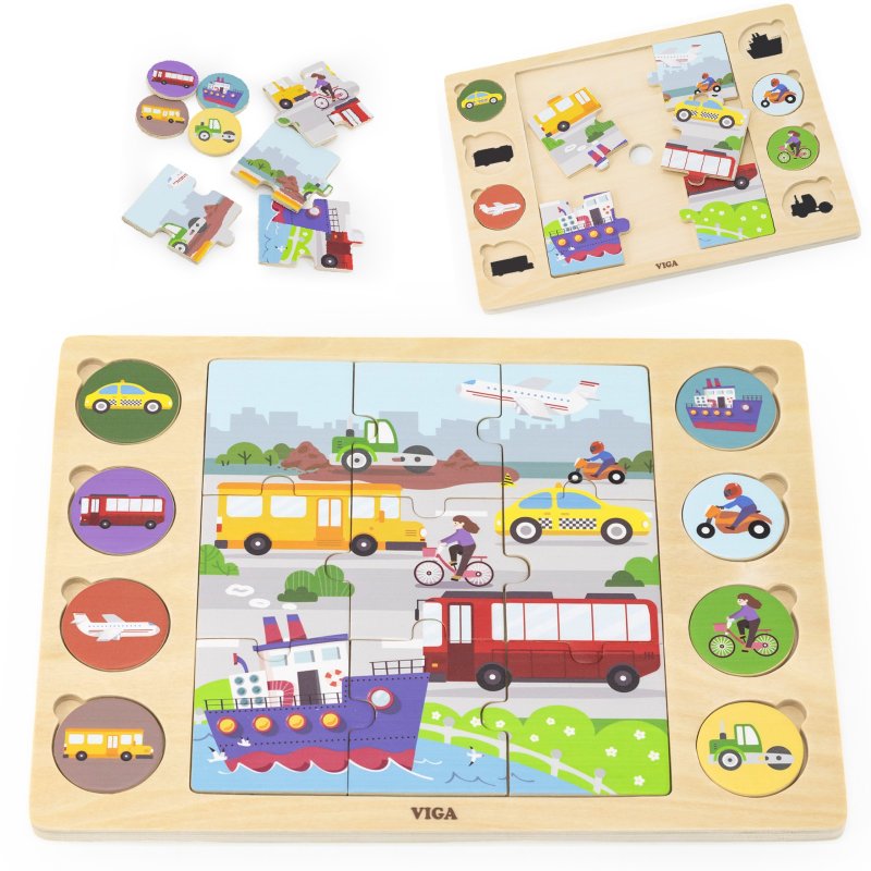 VIGA Drewniane Puzzle Odgadnij po Cieniu  - Środki Transportu Układanka 17 el. - zdjęcie 1