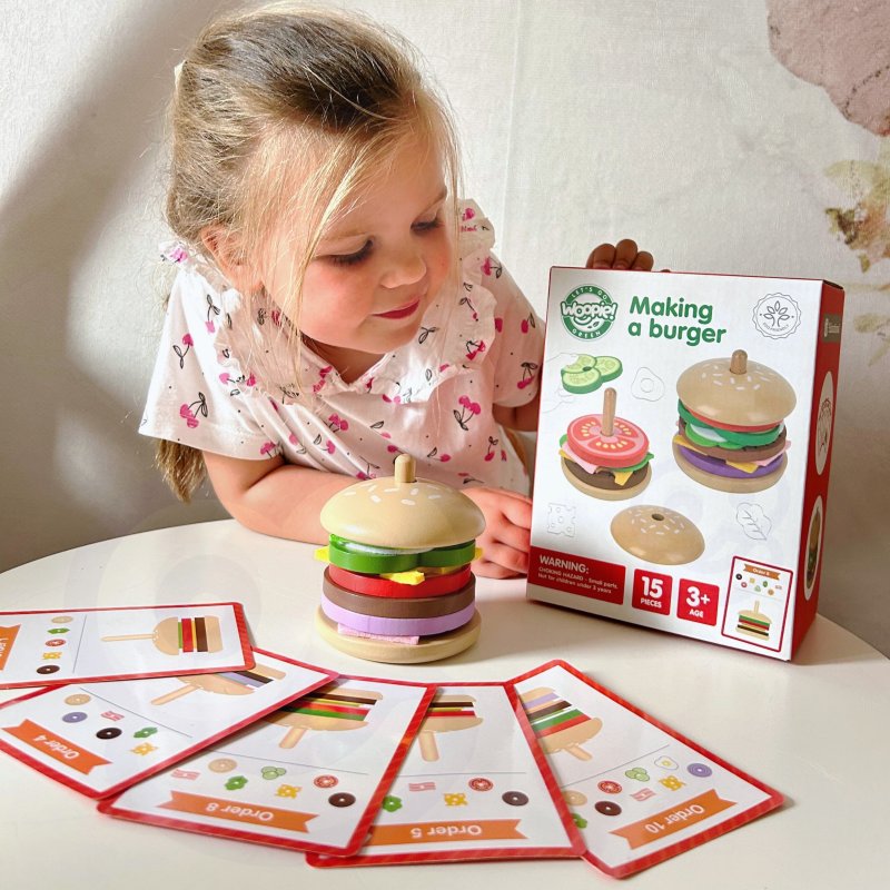 WOOPIE GREEN Drewniany Burger Restauracja Układanka dla Dzieci 15 el. Certyfikat FSC - zdjęcie 2