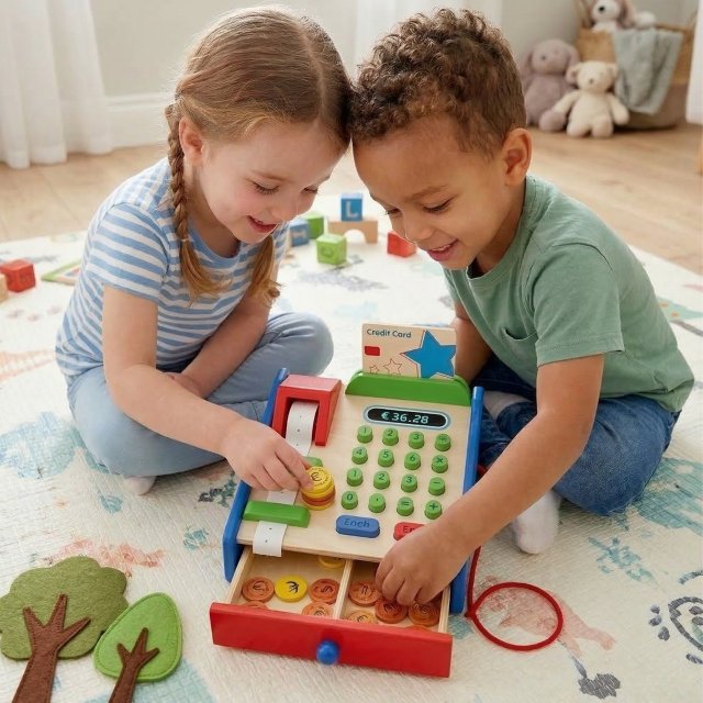 VIGA Drewniana Kasa sklepowa z akcesoriami Skaner Montessori - zdjęcie 2