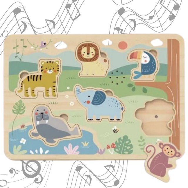 TOOKY TOY Drewniana Układanka Montessori Interaktywne Puzzle Dźwiękowe Dzikie Zwierzęta Safari - zdjęcie 1