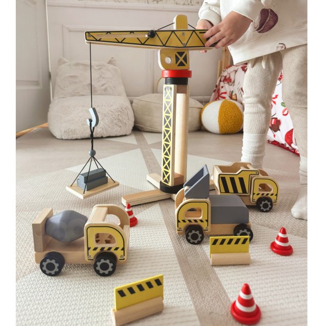WOOPIE GREEN Drewniany Plac Budowy 5w1 Ruchomy Dźwig XXL Pojazdy Budowlane 13 el. FSC - zdjęcie 2